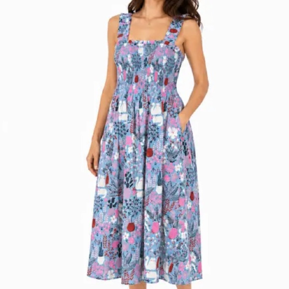 NWOT Floral with cats Smocked Sundress with Straps - Picture 3 of 11